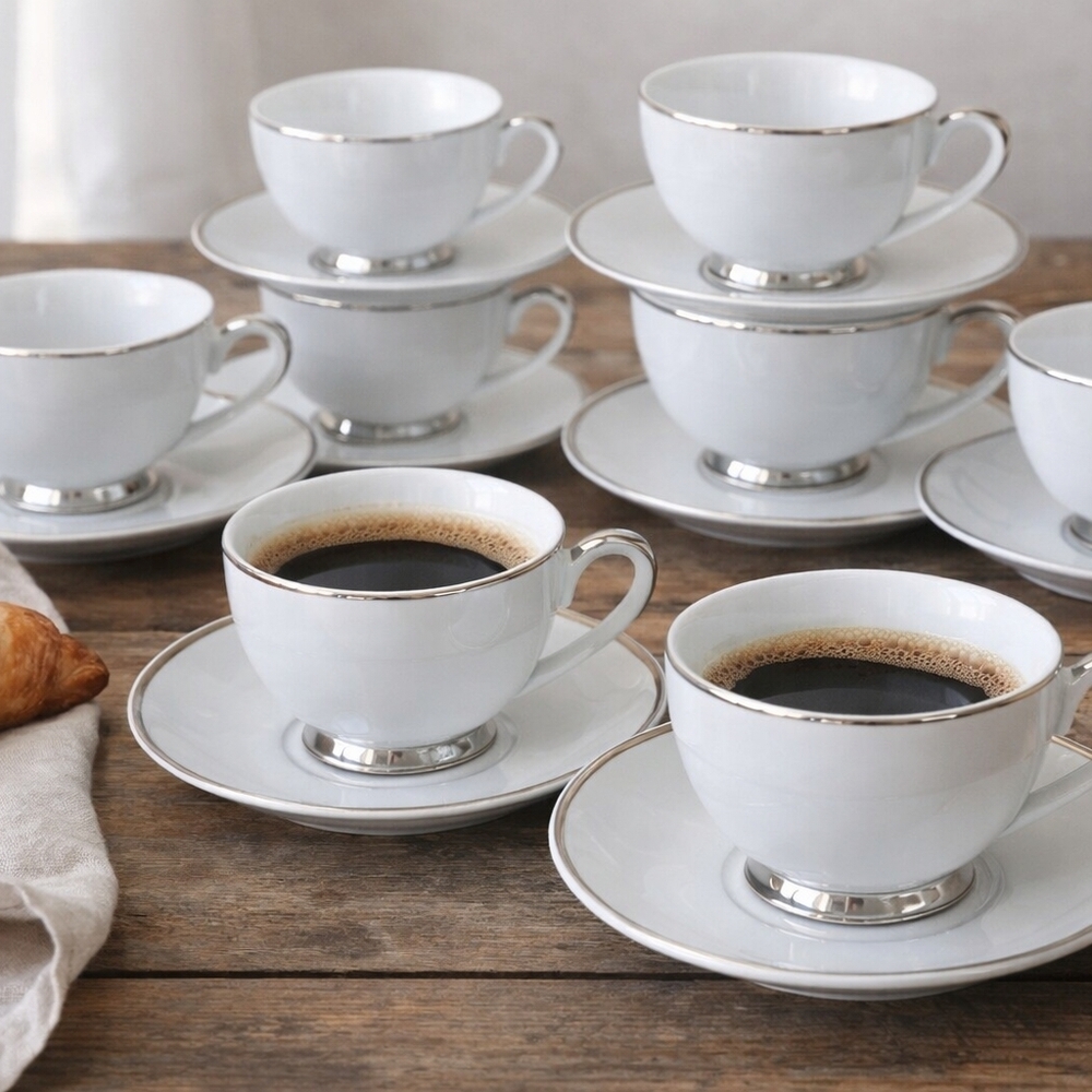 White Porcelain Coffee Cup and Saucer Set with Silver Trim